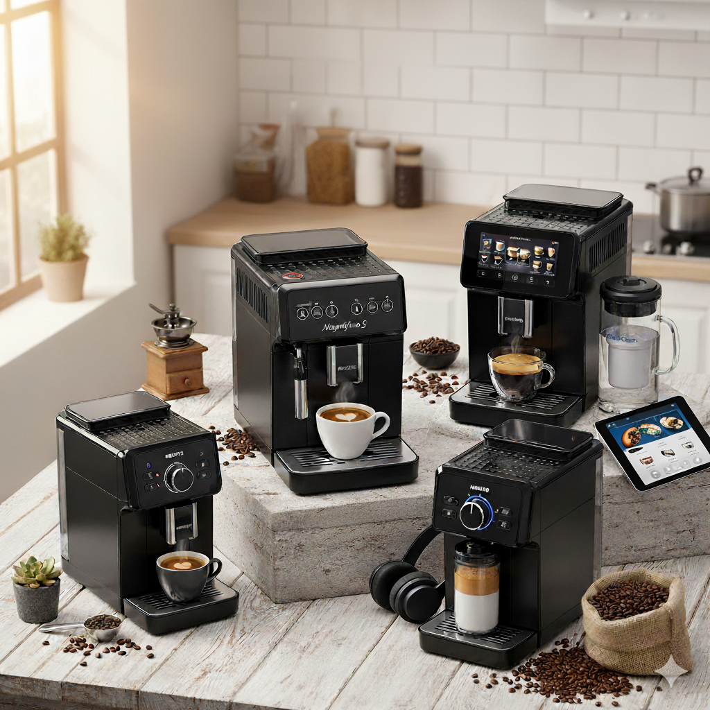 Les 5 meilleures machines à café à grain en 2025 Cinq machines à café à grain automatiques sur une table de cuisine avec des grains et des tasses.