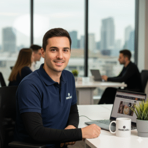 Homme souriant équipe Primecafe.fr au bureau, polo bleu marine, ordinateur portable, mug café, fenêtre avec vue urbaine