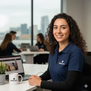 Jeune femme souriante équipe Primecafe.fr, cheveux bouclés, polo bleu, au bureau, ordinateur, mug café, arrière-plan flou, collègues