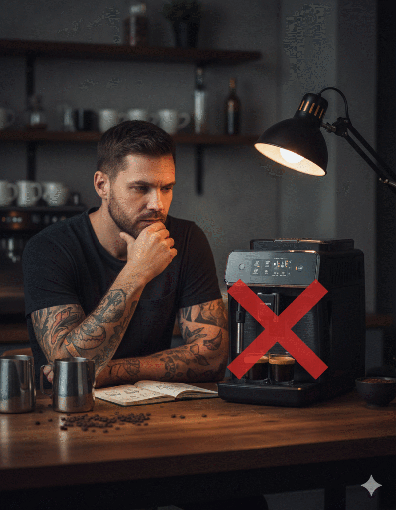 Un homme avec des tatouages regardant pensivement une machine à café Philips Série 2200 avec une grande croix rouge dessus, symbolisant les limites de la machine pour certains besoins.